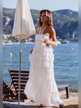 12th Tribe White Ruffled Halter Maxi Dress